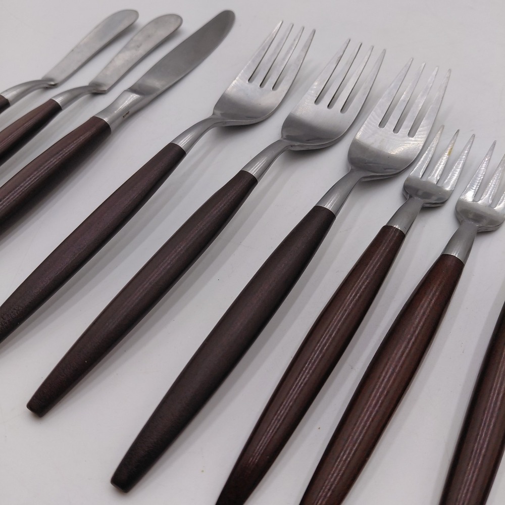 AMERICAN TEMPO 12 Mid Century Modern Stainless Flatware Faux Wood Japan MCM - Picture 3 of 10